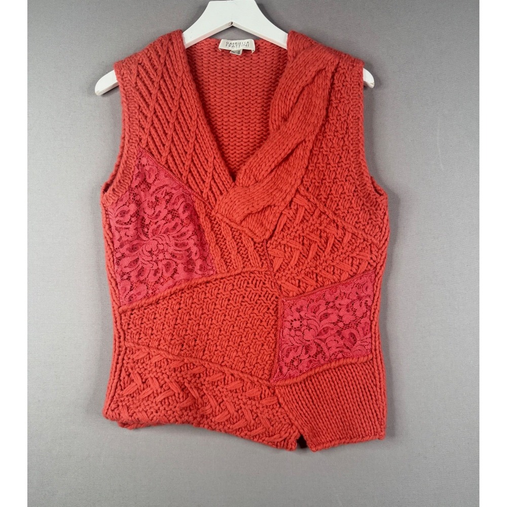 Gabriella Frattini Sweater Vest Womens 12 L Red Wool Blend Lace Patchwork Italy